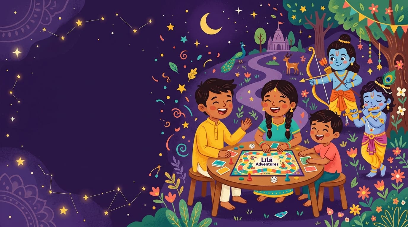 An illustrated family playing a BoredomBox board game under the stars, with Rama and Krishna nearby